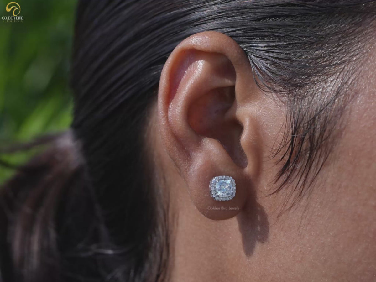Cushion Cut Moissanite Halo Stud Earrings