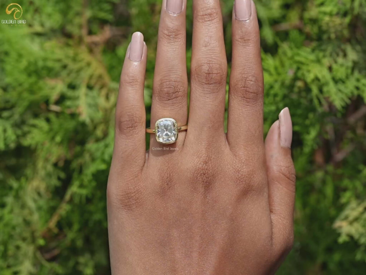 Bezel Set Old Mine Cushion Cut Moissanite Ring