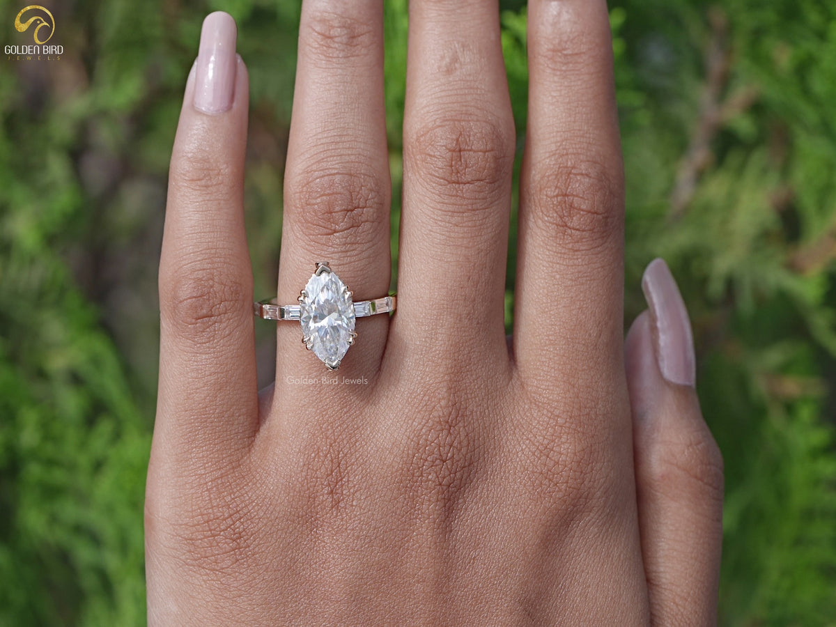 Marquise and Baguette Cut Moissanite Accent Ring