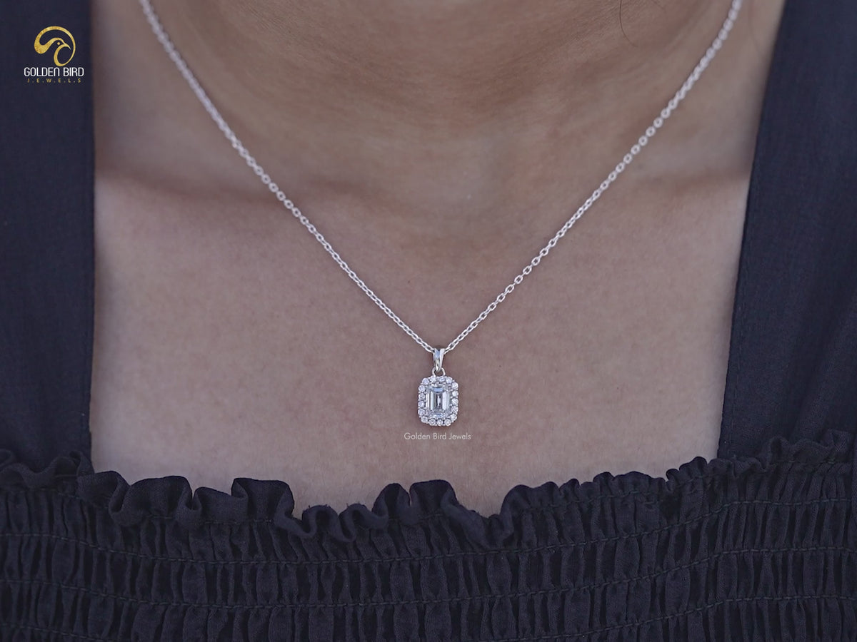 Emerald Cut Lab Grown Diamond Halo Pendant