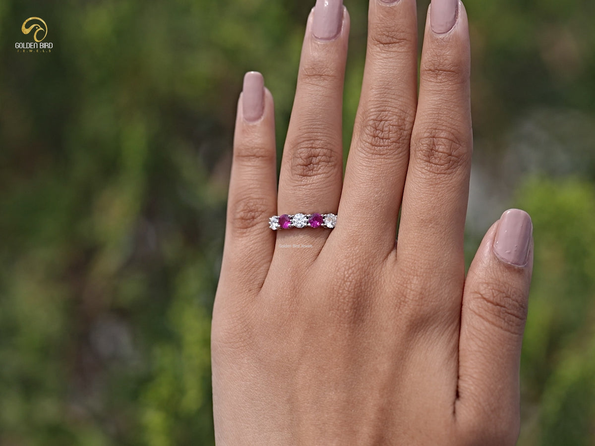 Five Stone Round Gemstone Wedding Band