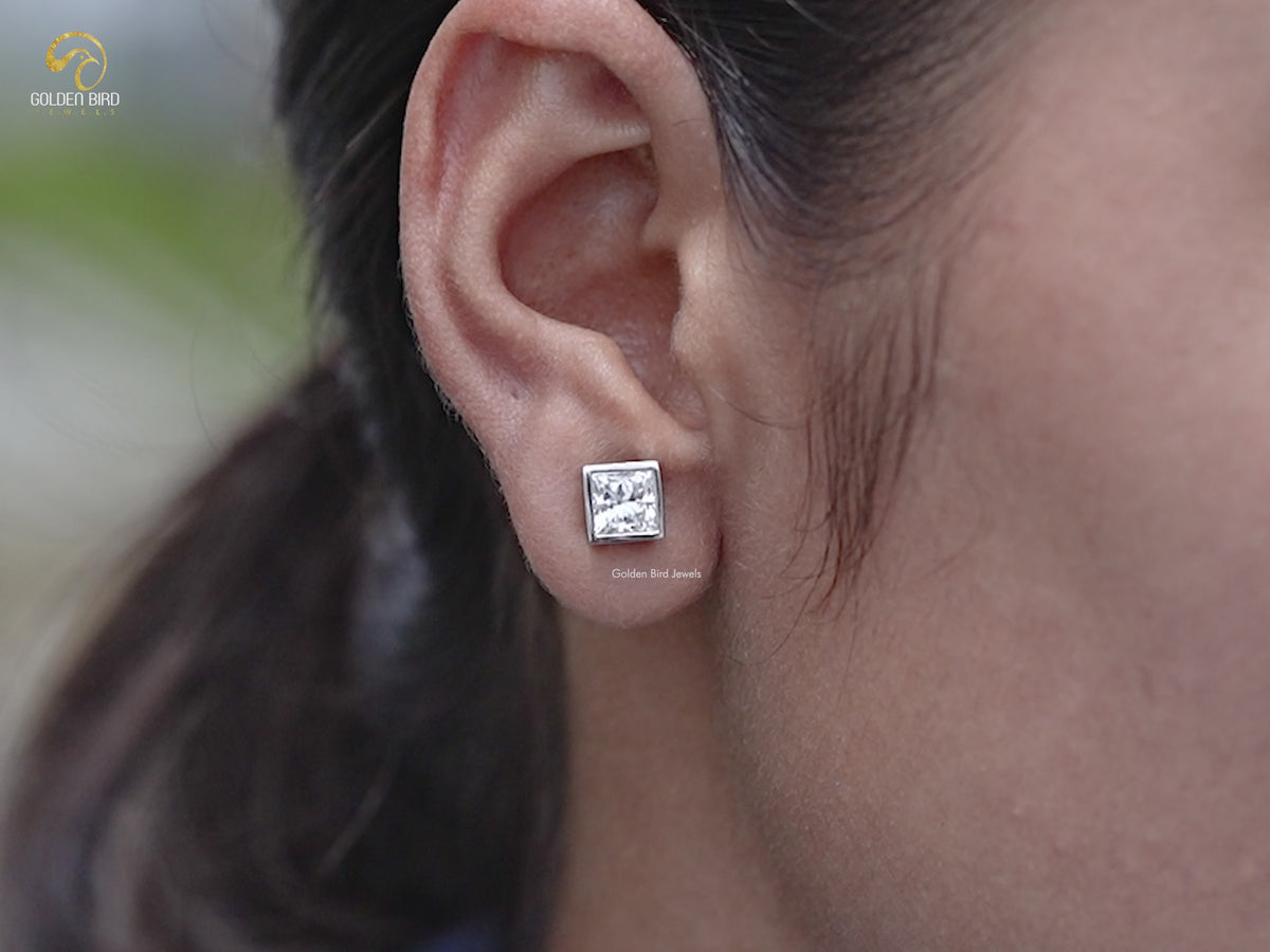 Bezel Set Princess Lab Diamond Stud Earrings