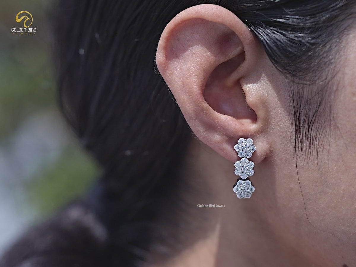 Round Moissanite Flower Style Cluster Earrings