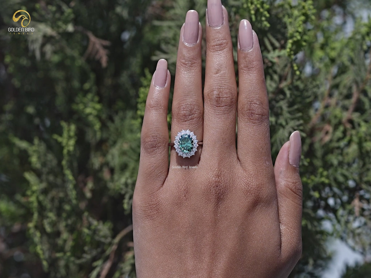Green Oval Cut Moissanite Halo Engagement Ring