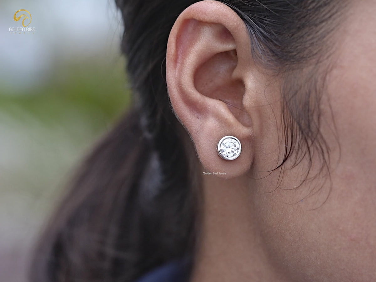 Round Cut Lab Diamond Bezel Set Stud Earrings