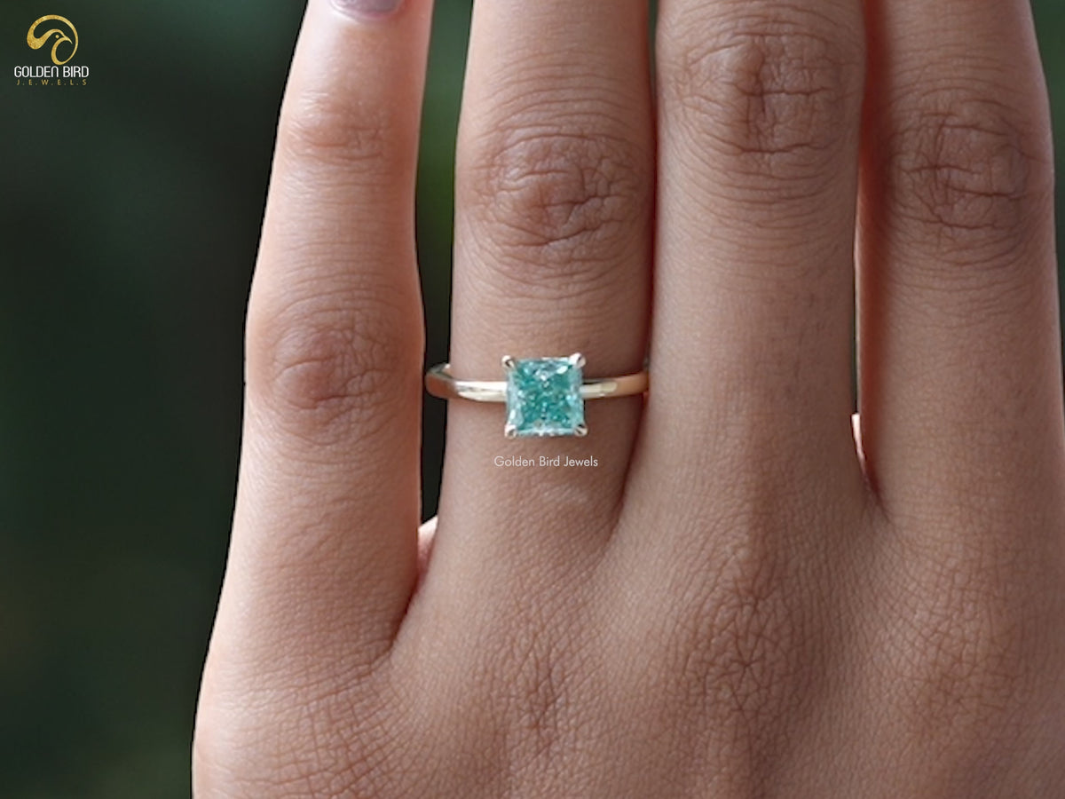 Cyan Blue Princess Cut Moissanite Solitaire Ring