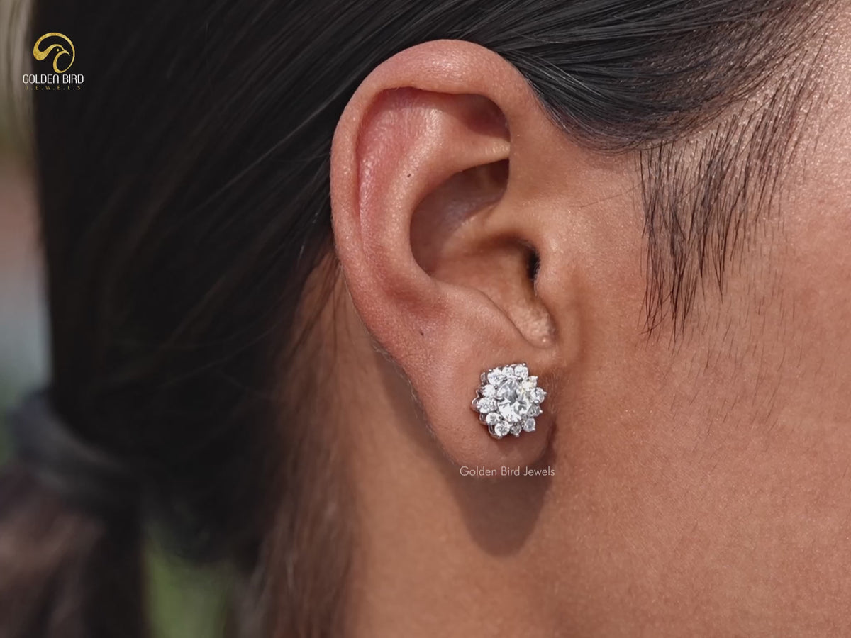 Round Cut Moissanite Halo Stud Earrings