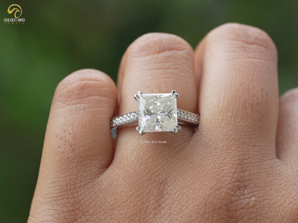 Solitaire Princess Cut Accent Stone Moissanite Ring