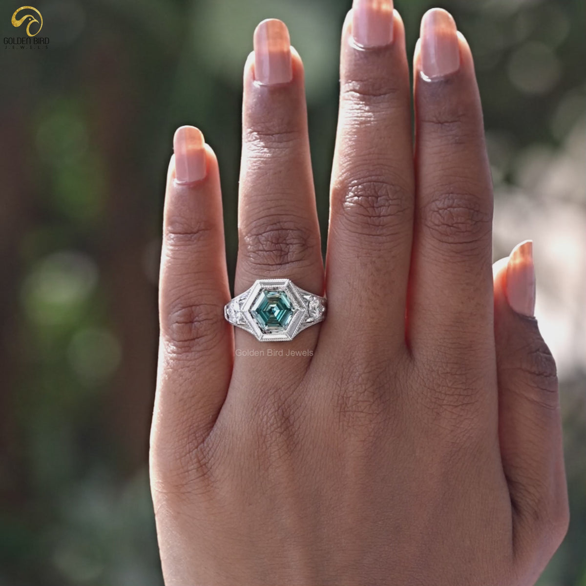 Hexagon Moissanite Three Stone Engagement Ring