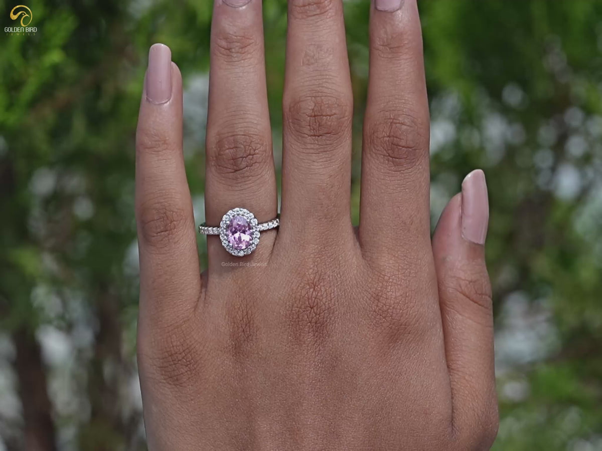 Tourmaline Pink Oval Gemstone Halo Accent Ring
