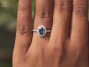 Sapphire Blue Oval Cut Halo Engagement Ring