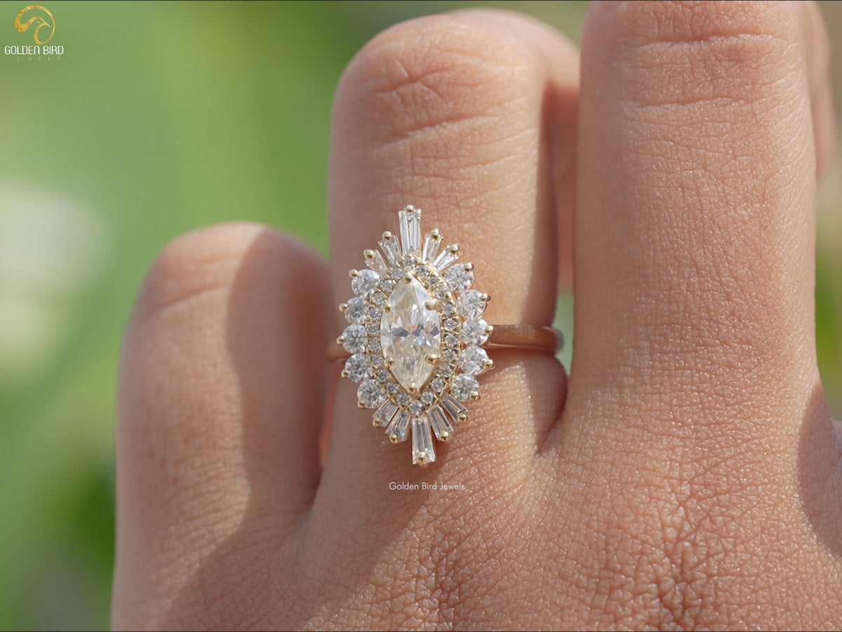 Marquise Cut Halo Lab Diamond Ballerina Ring