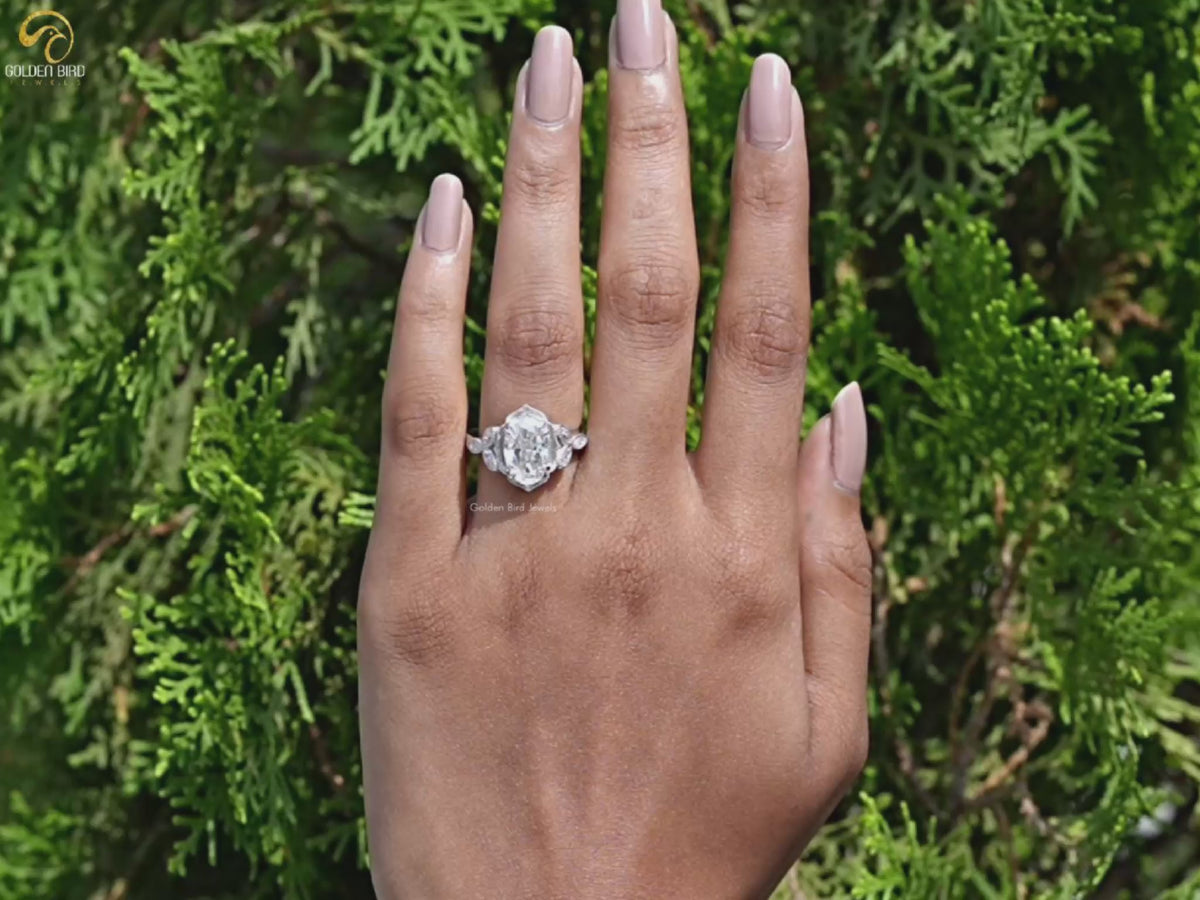 Milgrain Crushed Ice Oval Moissanite Accent Ring