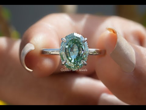 [Blue Step Cut Oval Moissanite Engagement Ring]-[Golden Bird Jewels]