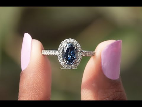 [YouTube Viddeo Of Sapphire Blue Oval Cut Halo Engagement Ring]-[Golden Bird Jewels]
