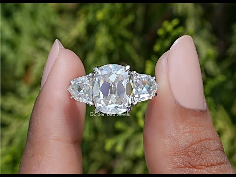 You tube video of Elongated Old Mine Cushion Moissanite Three Stone Ring