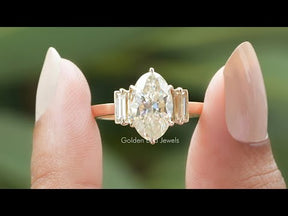 [YouTube Video Of Moval Cut Moissanite 3 Stone Proposal Ring]-[Golden Bird Jewels]
