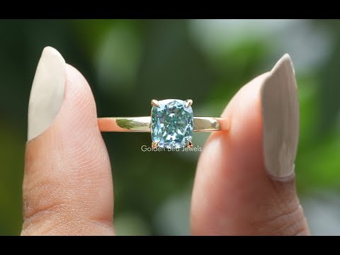 [Blue Elongated Cushion Cut Moissanite Engagement Ring]-[Golden Bird Jewels]