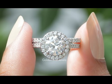 [YouTube Video Of Halo Moissanite Wedding Ring Set]-[Golden Bird Jewels]