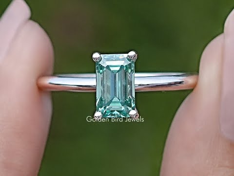 Green Emerald Cut Moissanite Solitaire Ring