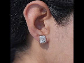 You tube video of Lab Grown Emerald Cut Halo Stud Earrings