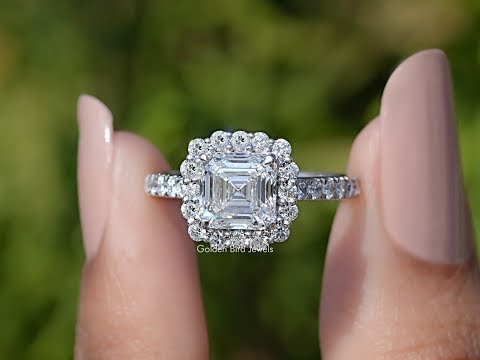 Asscher Cut Lab Diamond Accent Halo Wedding Ring