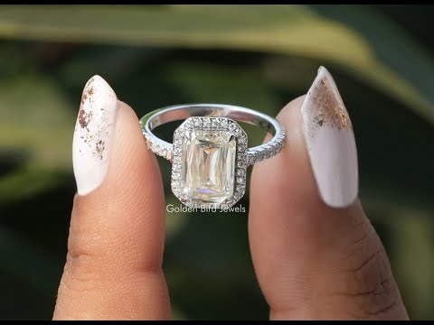 [YouTube Video Of Colorless Criss Cut Moissanite Halo Wedding Ring]-[Golden Bird Jewels]