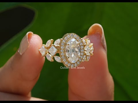 [YouTube Video Of Old Mine Moval Cut Moissanite Cluster Halo Ring]-[Golden Bird Jewels]