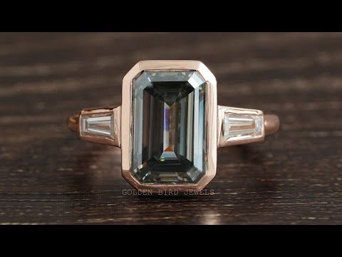 Dark Gray Emerald Bezel Set Moissanite Solitaire Ring