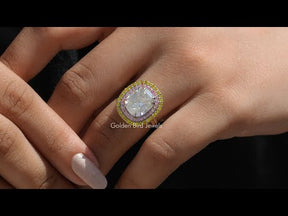 [YouTube Video Of Old Mine Cushion Cut Double Halo Moissanite Engagement Ring]-[Golden Bird Jewels]