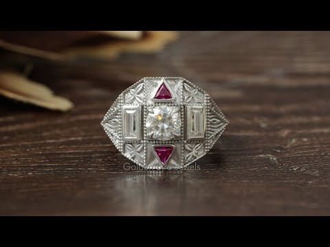 [YouTube Video Of Round And Baguette  Moissanite Art Deco Ring]-[Golden Bird Jewels]