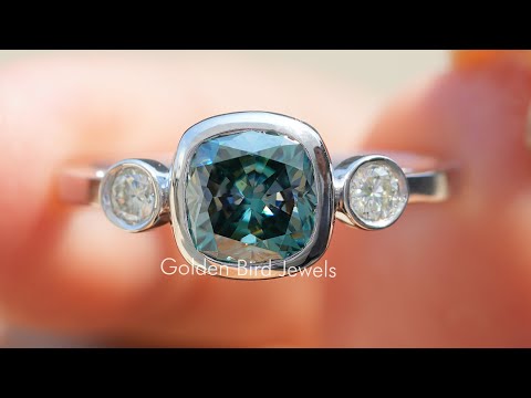 [YouTube Video Of Three Stone Cushion Cut Moissanite Ring]-[Golden Bird Jewels]