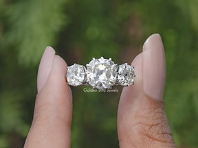 You tube Video Of Old Mine Cushion Three Stone Moissanite Ring
