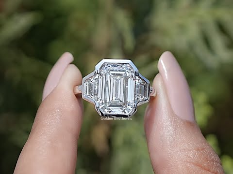 Bezel Set Emerald Cut Lab Diamond Three Stone Ring