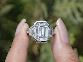 Bezel Set Emerald Cut Lab Diamond Three Stone Ring