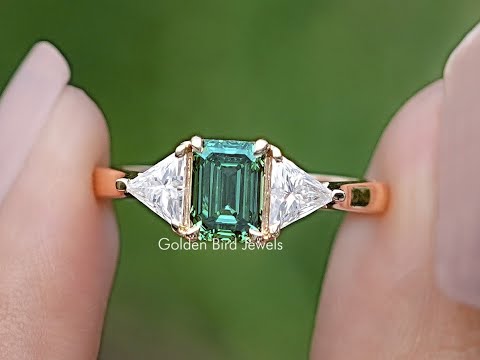 Emerald And Triangle Moissanite Three Stone Ring