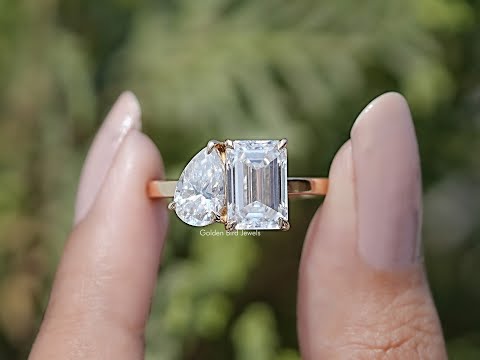 Pear And Emerald Cut Moissanite Two Stone Ring