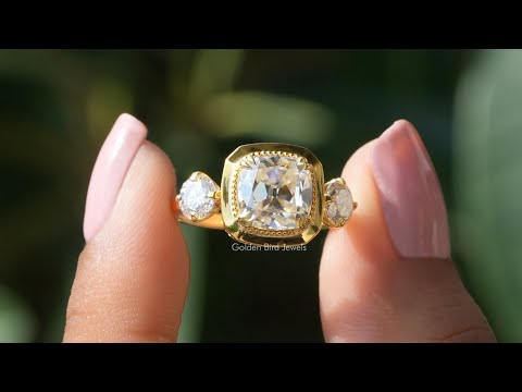 [YouTube Video Of Old Mine Cushion Cut Moissanite Three Stone Ring]-[Golden Bird Jewels]