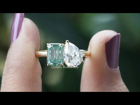 [YouTube Video Of Pear And Emerald Cut Moissanite Engagement Ring]-[Golden Bird Jewels]