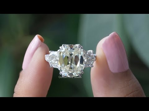 [YouTube Video Of Old Mine Cut Cushion And Round Moissanite Solitaire Accent Ring]-[Golden Bird Jewels]