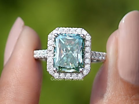 Blue Green Radiant Cut Moissanite Halo Accent Ring
