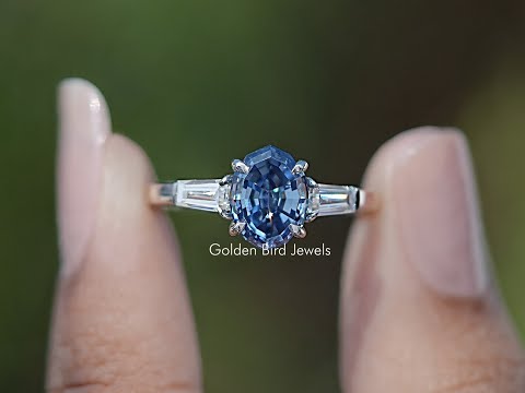 Blue Step Cut Oval Moissanite Three Stone Ring