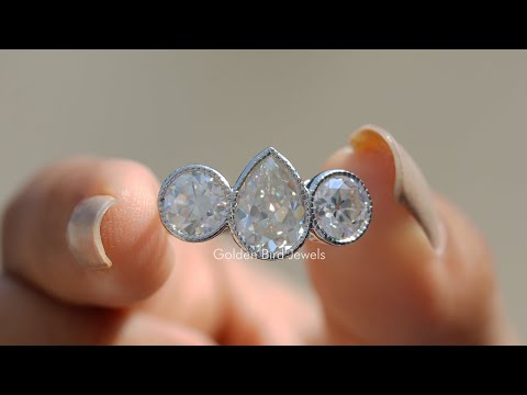 [YouTube Video Of Old Mine Pear Cut 3 Stone Moissanite Ring]-[Golden Bird Jewels]