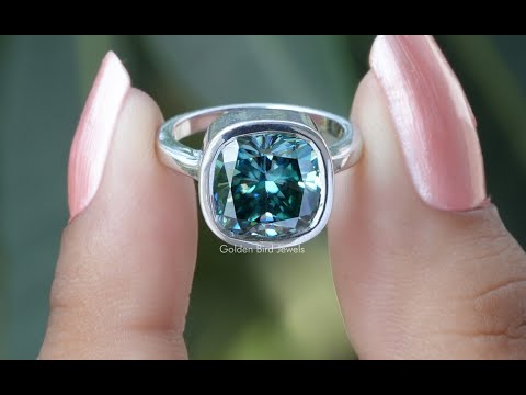 Green Cushion Cut Moissanite Solitaire Engagement Ring