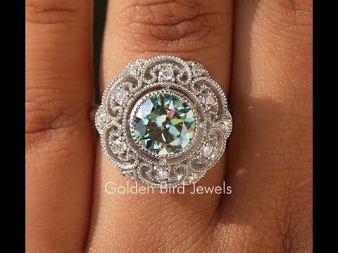 [YouTube Video Of Blue Old European Round Cut Vintage Moissanite Ring]-[Golden Bird Jewels]