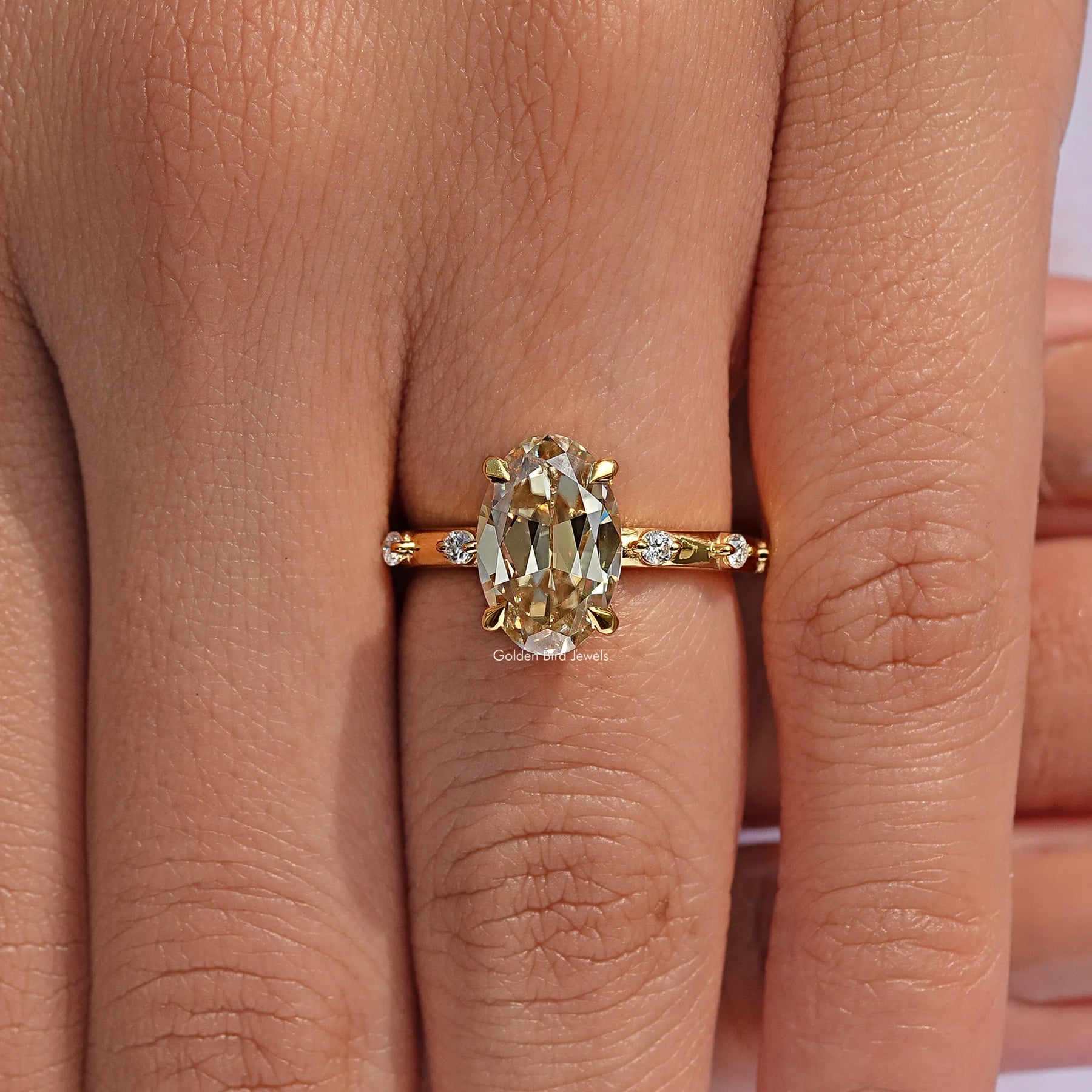 Yellow Old Mine Oval Cut Accent Stone Engagement Ring