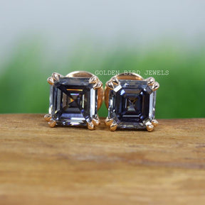 Gray Asscher Cut Moissanite Stud Earring