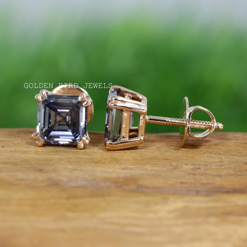 Gray Asscher Cut Moissanite Stud Earring