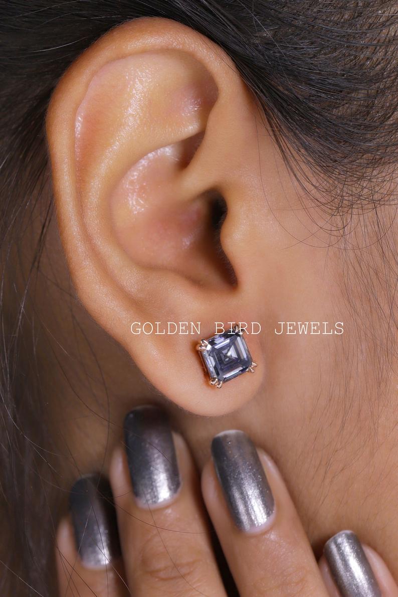 Gray Asscher Cut Moissanite Stud Earring