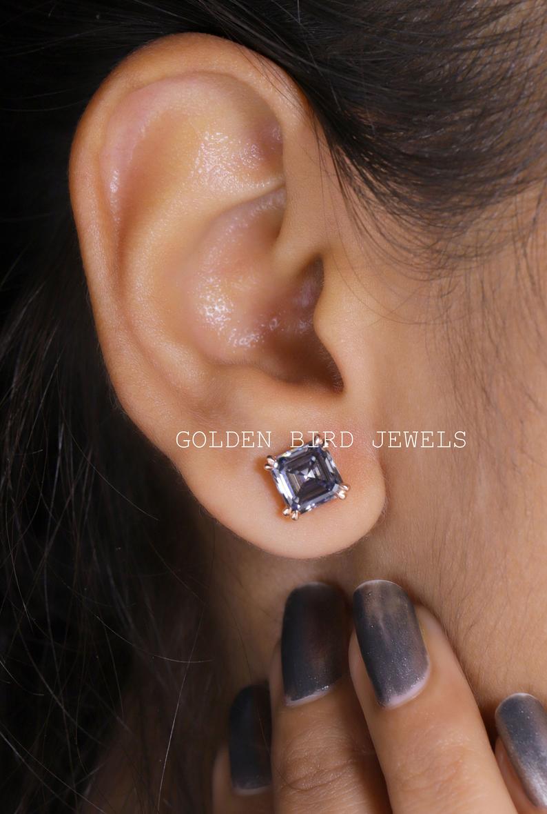 Gray Asscher Cut Moissanite Stud Earring